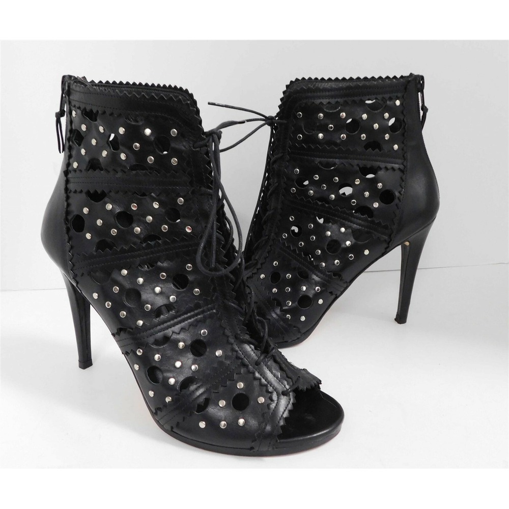 Stuart Weitzman Black Leather Silver Studded Lace Up Open Toe Booties 9.5 M‎